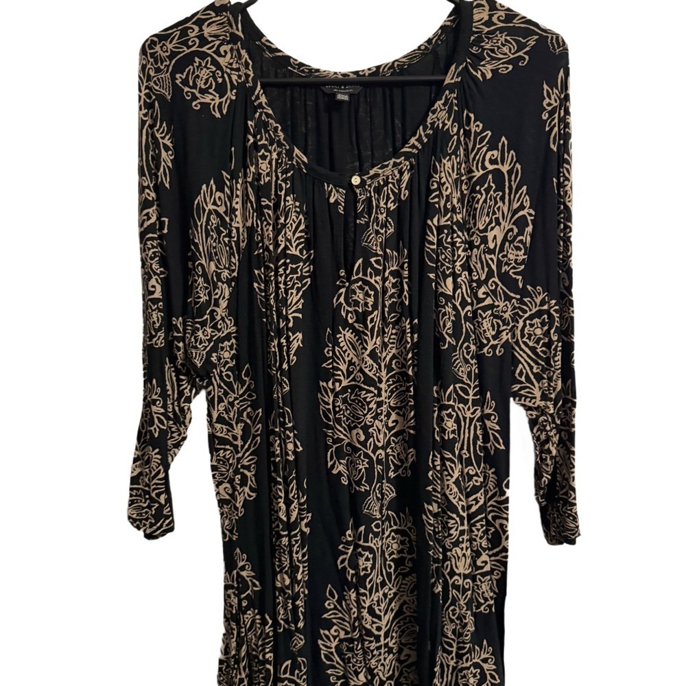 Lucky Brand Black and Tan Filagree Patterned Top 3X